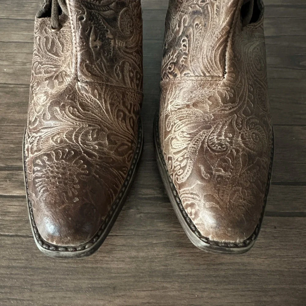 Roper Trooper Embossed Brown Ankle Booties Women's Size 7.5